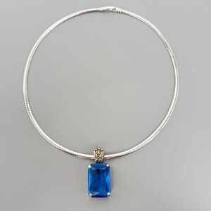 Vintage Rectangular Blue Stone Pendant with Prong‎ Setting on Choker Chain